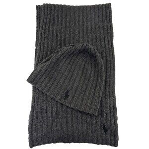 Polo Ralph Lauren Wool Blend Ribbed Scarf & Beanie Hat Set Gray Black Pony